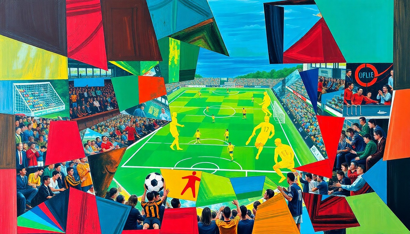 A fragmented, cubist-style painting depicting a soccer match or competition, with sharp geometric shapes and planes in vibrant colors like red, blue, and green, conceptually representing the tensions between labor organizations and World Cup organizers in Miami.