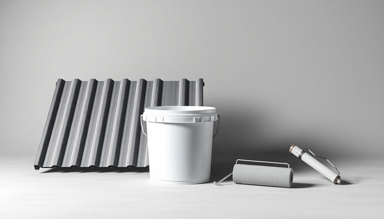 A photorealistic studio still life featuring a metal roof panel, a bucket of liquid coating, and a paint roller, arranged elegantly on a clean, monochromatic background to symbolize the abstract concepts of commercial roofing maintenance and long-term infrastructure planning.