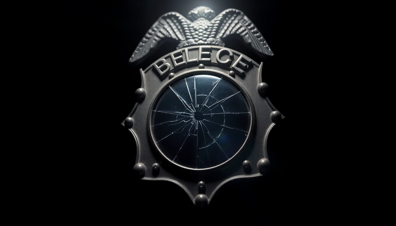 An extreme close-up photograph of a police badge with a cracked lens, lit by a harsh, direct camera flash against a pitch-black background, conceptually representing the abuse of power and breach of public trust.