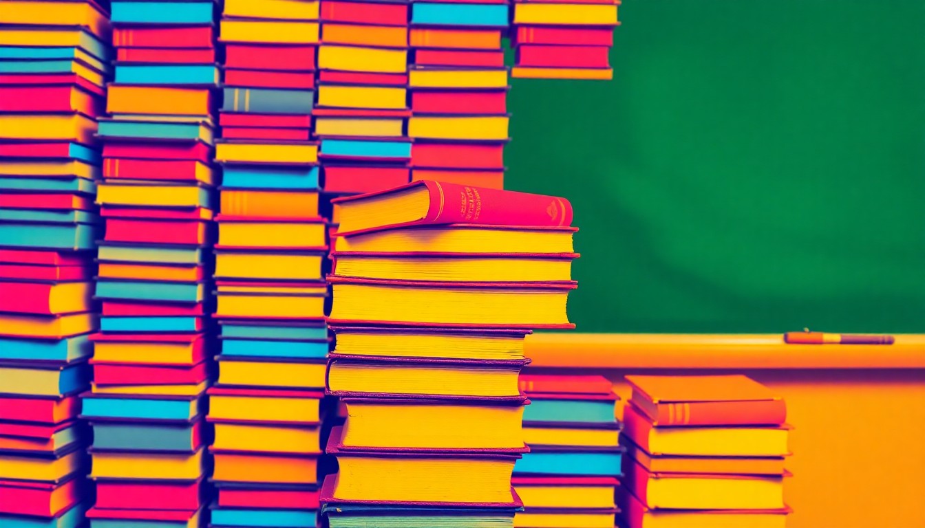 A brightly colored, high-contrast silkscreen print of a stack of books or a classroom chalkboard, repeated in a tight grid pattern in a vibrant, neon color palette with heavy black outlines, conceptually representing the interdisciplinary nature of the Social Practice CUNY program.