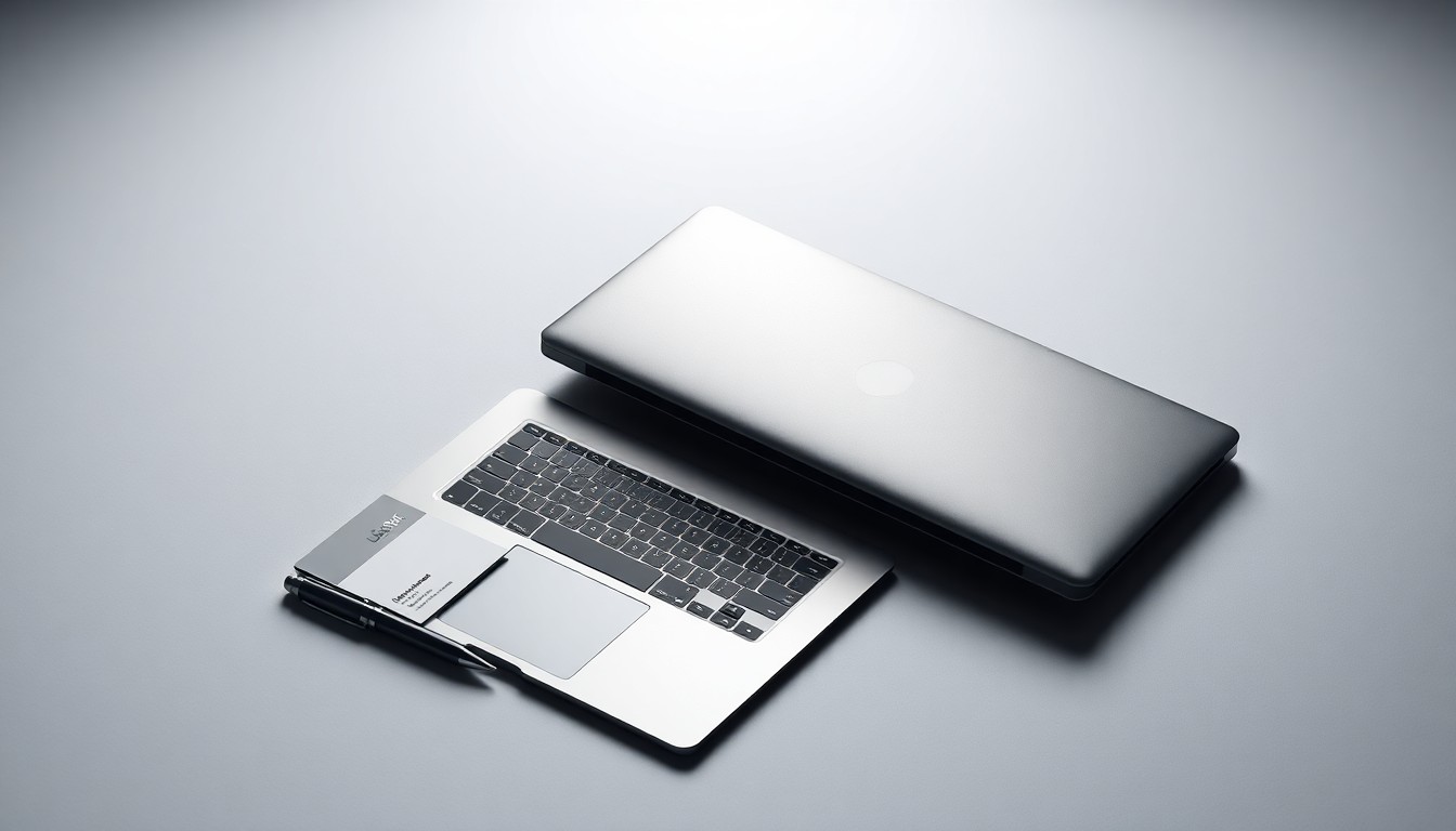 A minimalist, high-end studio still life featuring a sleek laptop, business cards, and a modern pen, conveying the abstract concepts of technology investment and startup funding.