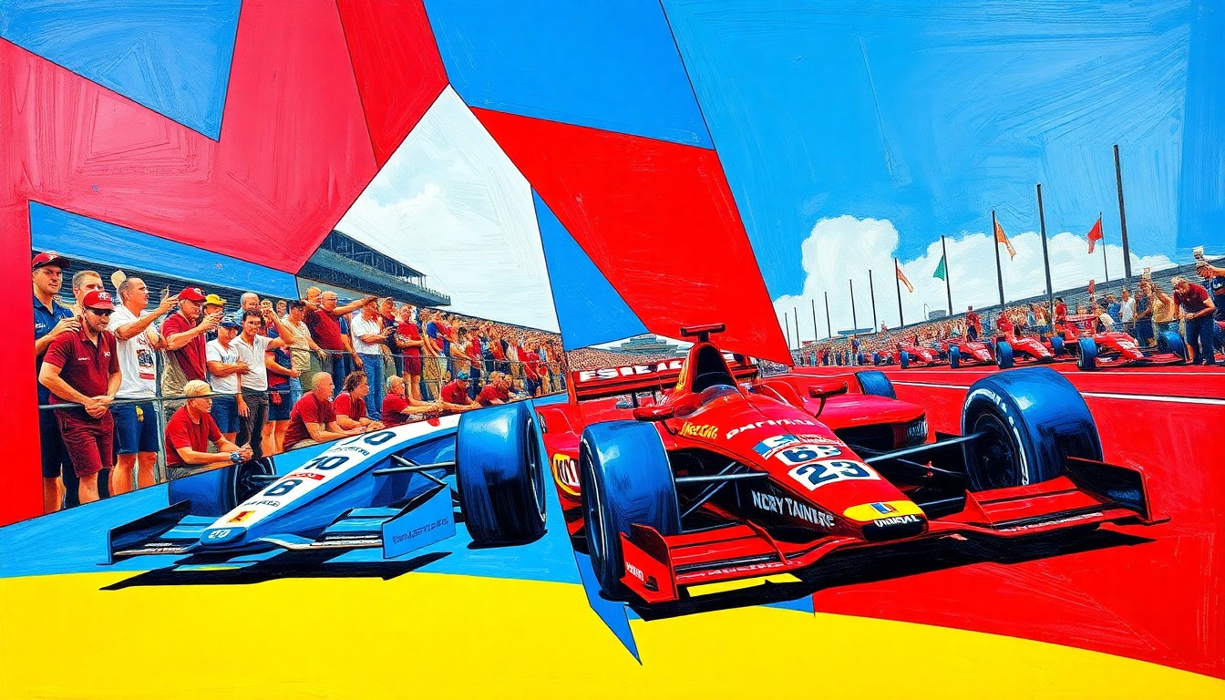 A fractured, cubist-style painting depicting an INDYCAR race scene, with the car and track broken down into sharp, overlapping geometric shapes in a vibrant color palette, capturing the dynamic energy of the sport.