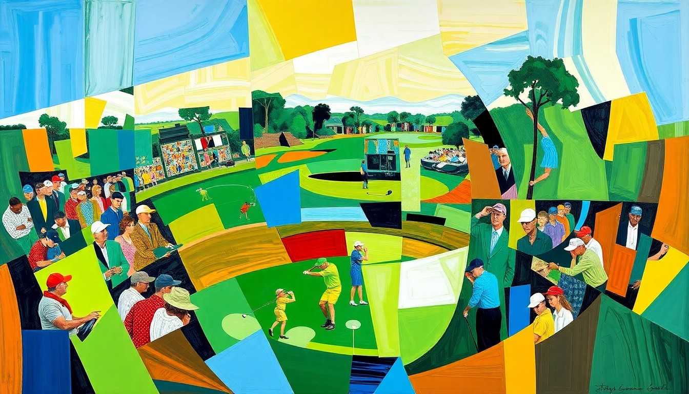 A fractured, multi-perspective painting in vibrant greens, blues, and browns, breaking down a golf tournament broadcast into sharp, overlapping geometric planes to create a chaotic, disjointed visual representation.