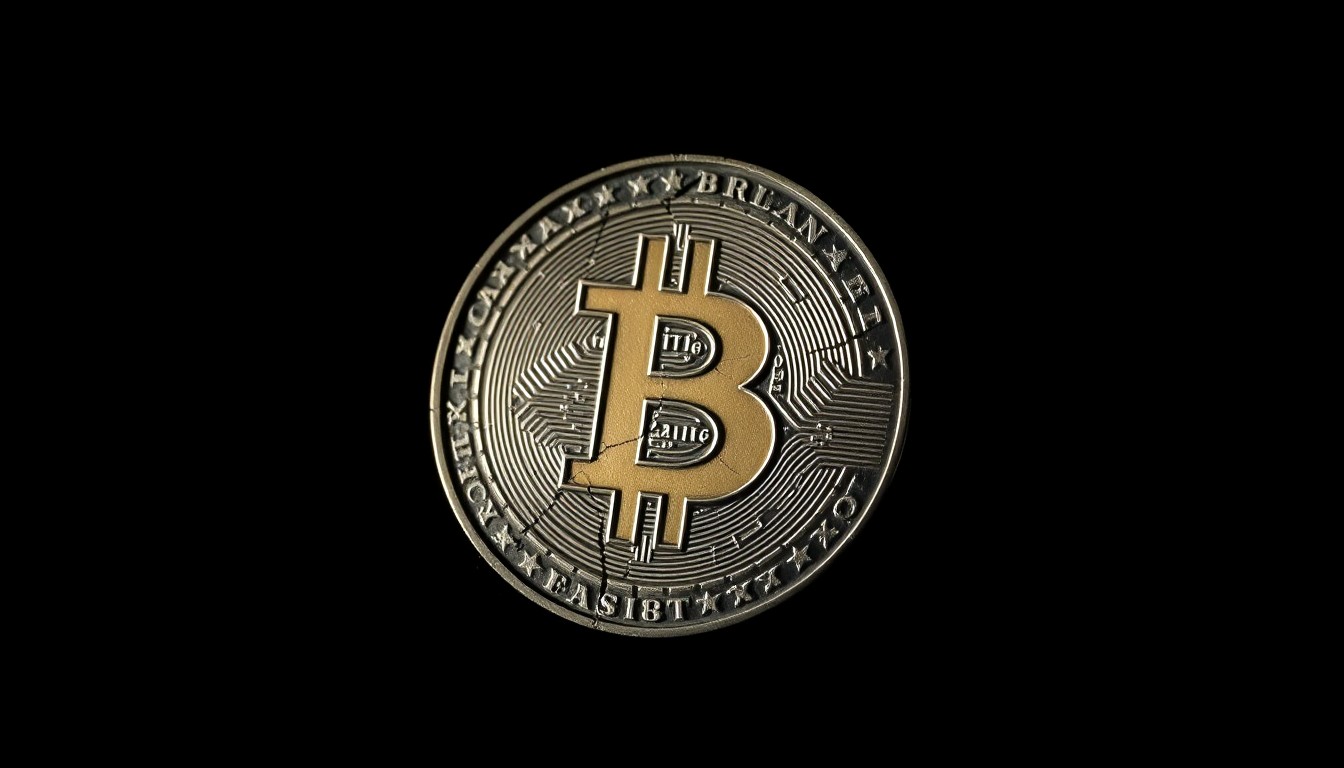 An extreme close-up of a cracked and damaged cryptocurrency coin, its surface reflecting a harsh, direct camera flash against a pitch-black background, conceptually representing the financial risks of fraudulent investment schemes.