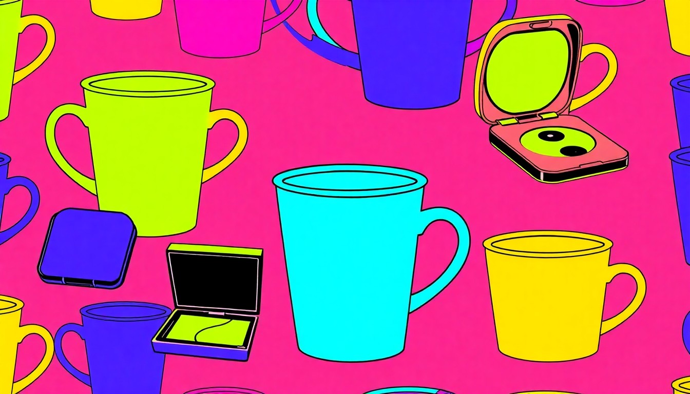 A brightly colored, high-contrast silkscreen print of a makeup compact repeated in a tight grid pattern, conceptually representing the Burned Haystack Dating Method's focus on quickly identifying and eliminating incompatible partners.