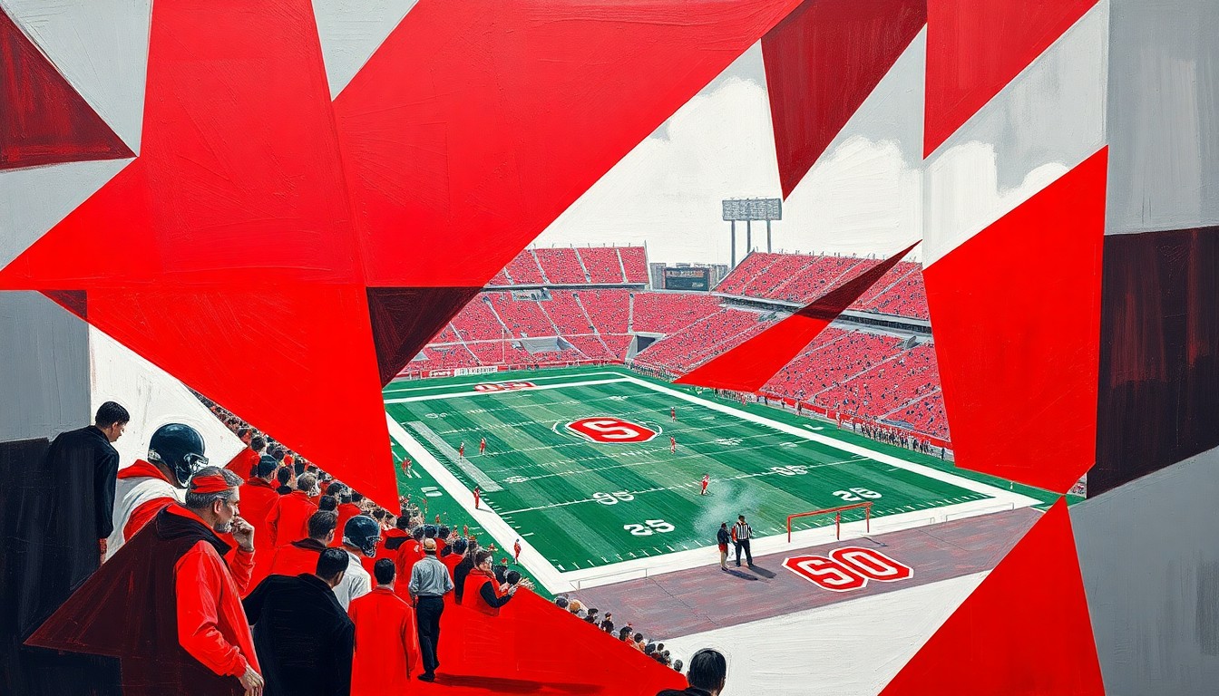 A fractured, multi-perspective painting in the style of Pablo Picasso, breaking down an Ohio State football game or practice into sharp, overlapping geometric planes in the team's official colors of scarlet and gray, conceptually representing the integration of new transfer players into the program.