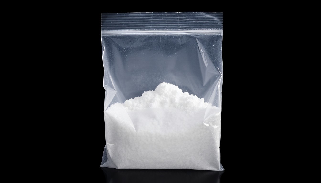 An extreme close-up photograph of a small plastic bag filled with white crystalline powder, creating a stark, gritty, investigative aesthetic through the use of harsh, direct flash lighting against a pitch-black background.
