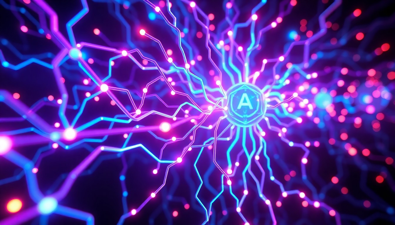 A highly detailed, glowing 3D illustration of a futuristic AI neural network, with pulsing neon blue and purple lights flowing through intricate circuits and data pathways, conceptually representing the advanced intelligent technology powering Google's next-generation platforms.