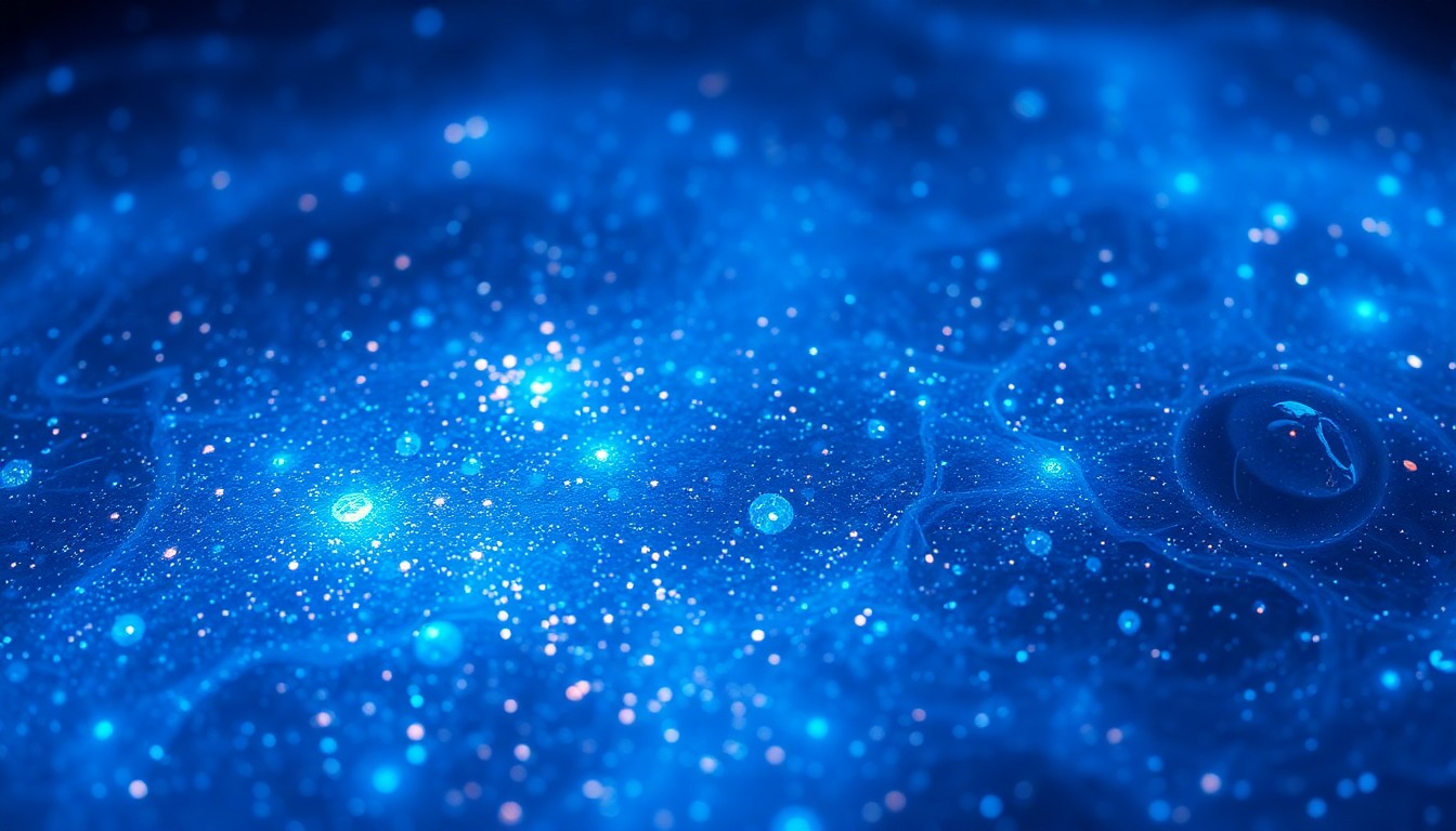 An extreme close-up photograph of a shimmering, iridescent surface in shades of blue, green, and purple, conceptually representing the bioluminescent landscapes of the Avatar films.