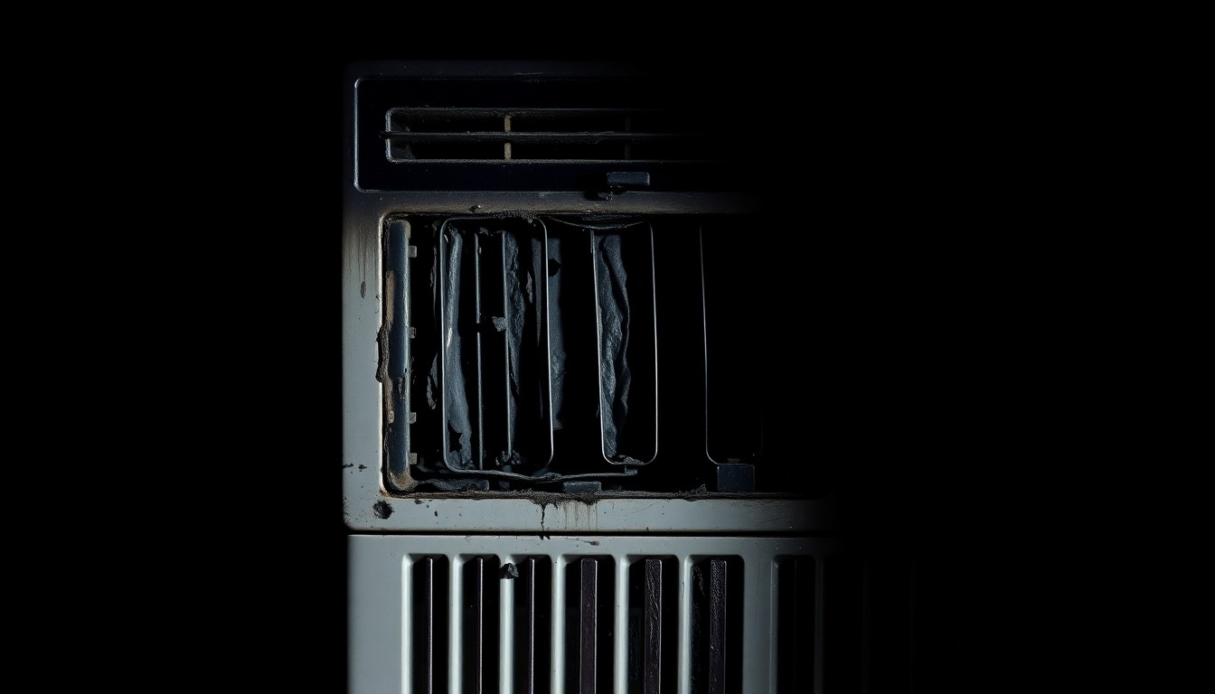 An extreme close-up of a partially melted and charred air conditioning unit control panel, capturing the gritty, investigative aesthetic of the crime scene.