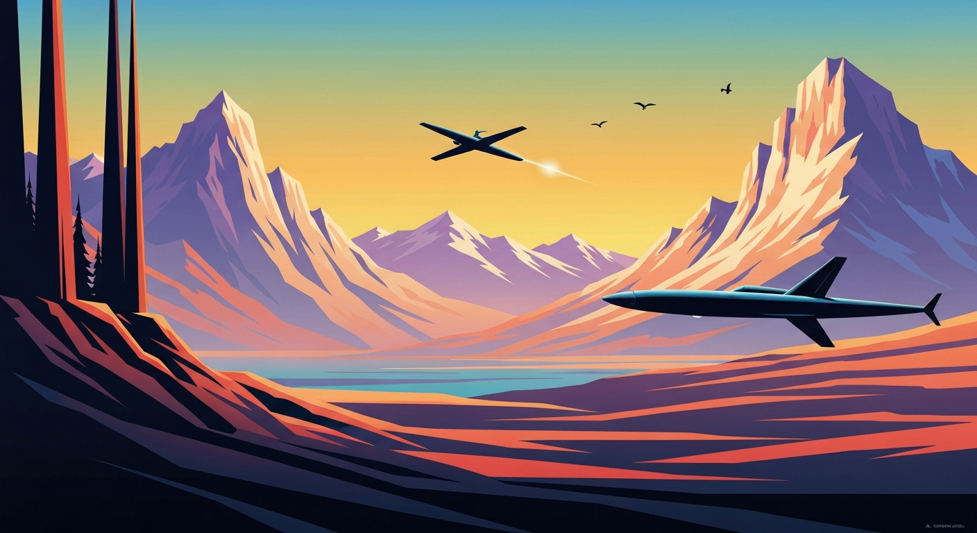 A bold, geometric illustration in the Art Deco style depicting a towering, sweeping mountain landscape with smooth, airbrushed gradients, capturing the grand scale and romance of travel without any literal depiction of people or text.