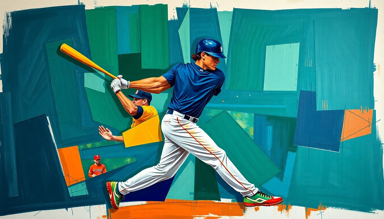 A fractured, cubist-style painting depicting the motion of a baseball player in action, with sharp geometric shapes and vibrant colors representing the dynamic energy of the sport.