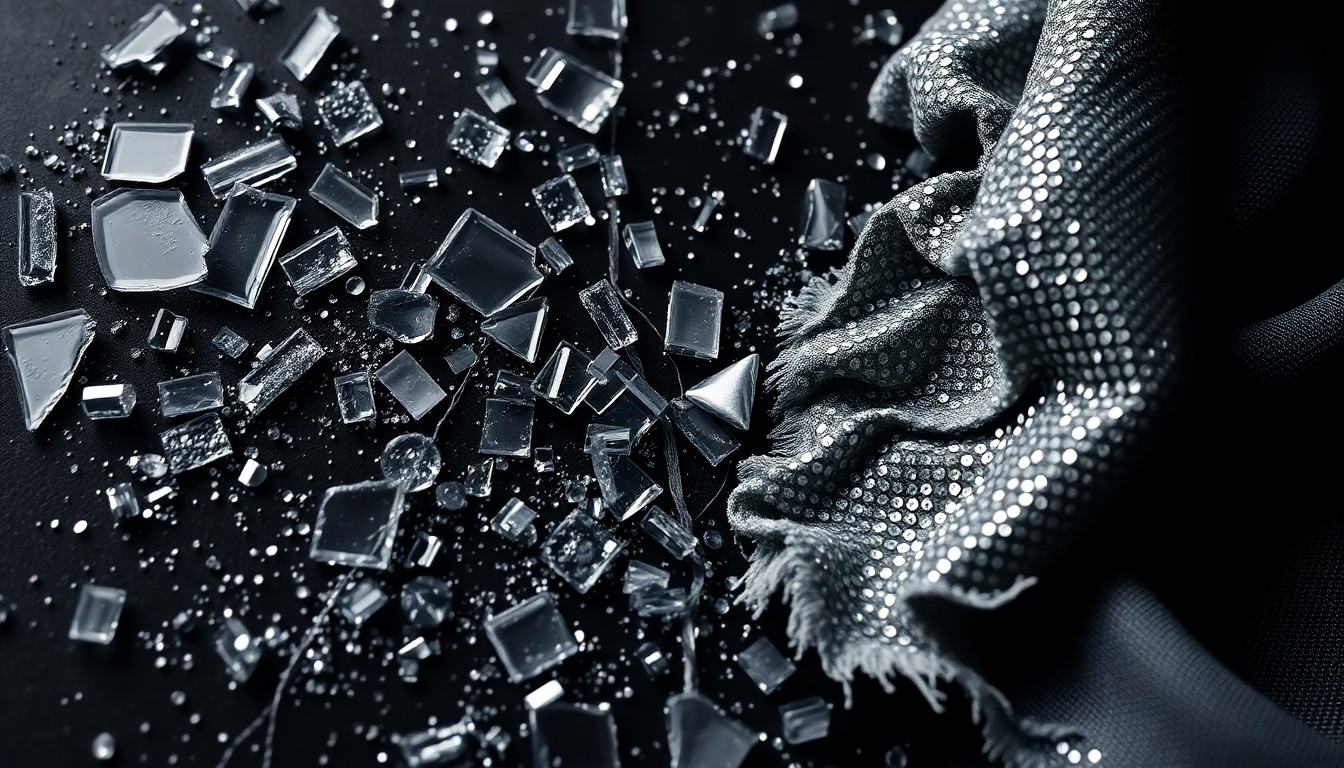 An abstract close-up photograph featuring a chaotic mix of shattered glass, glittering sequins, and torn fabric in muted tones, conveying a sense of the fractured relationship between the two social media personalities at the center of this story.