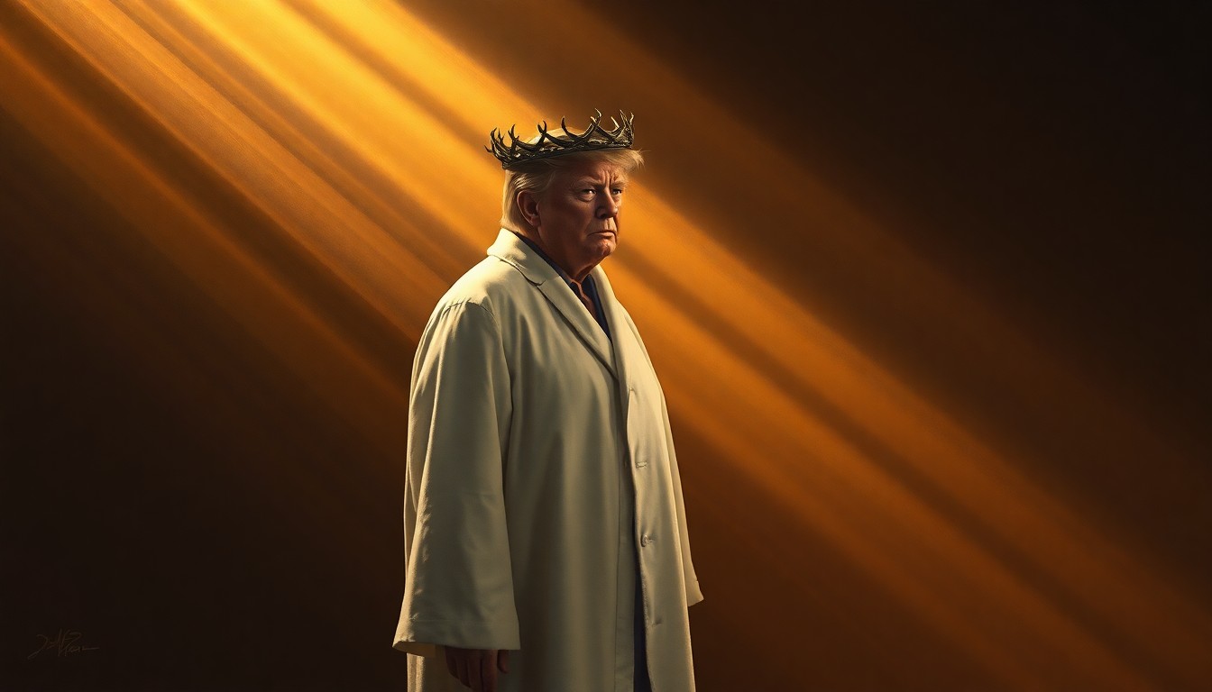 A cinematic painting of a solitary figure in a white robe and crown of thorns, bathed in warm, diagonal sunlight and deep shadows, conceptually representing the controversy over Trump's portrayal of himself as a messianic figure.