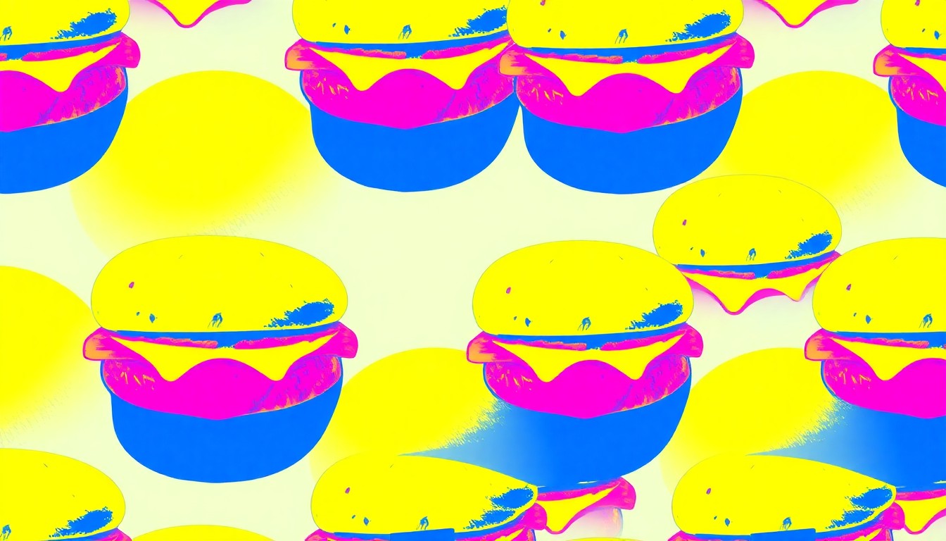 A bold, pop art-inspired illustration featuring a repeated pattern of a single, iconic hamburger patty in a grid, rendered in a high-contrast, neon color palette of electric blue, hot pink, and highlighter yellow.