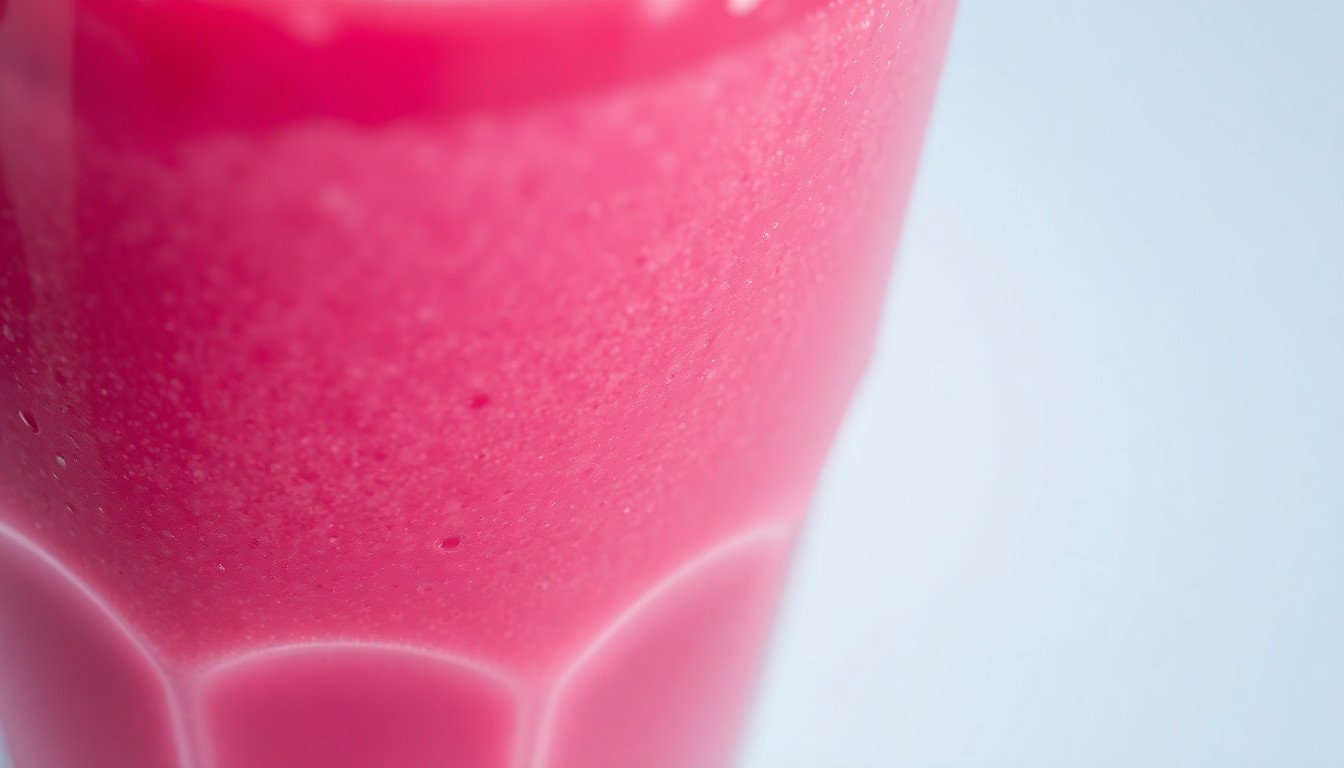 An extreme close-up photograph of a glossy, reflective glass filled with a vibrant pink-red liquid, capturing the luxurious, high-fashion aesthetic of celebrity-endorsed health products.