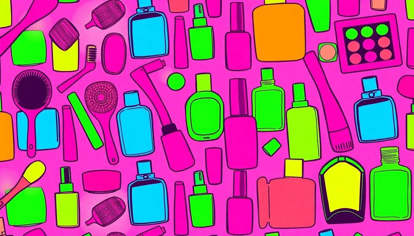 A vibrant, abstract grid of a single beauty product, such as a hairbrush or makeup palette, rendered in a high-contrast, silkscreen pop art style with bold, neon colors and heavy black outlines, conceptually representing the return of cosmetology education to the local community.