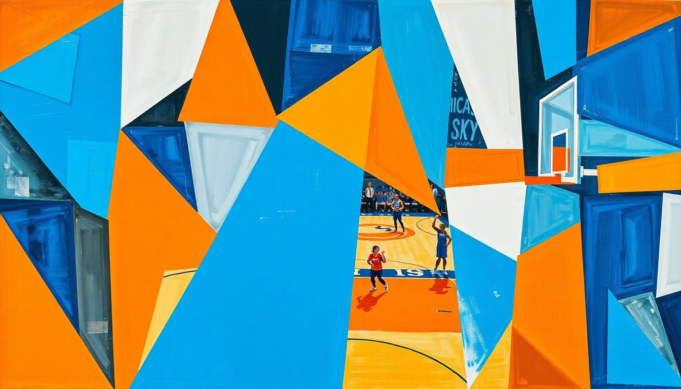 A cubist, geometric painting in shades of blue, orange, and white, capturing the dynamic movement and energy of a WNBA basketball game in an abstract, fragmented style.