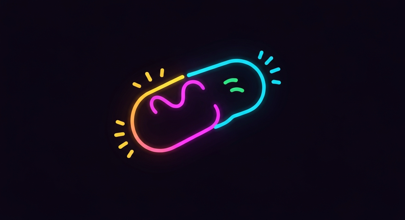 An abstract illustration featuring a glowing neon outline of a gummy vitamin or supplement against a dark background, conveying the concept of health product authenticity and consumer protection.
