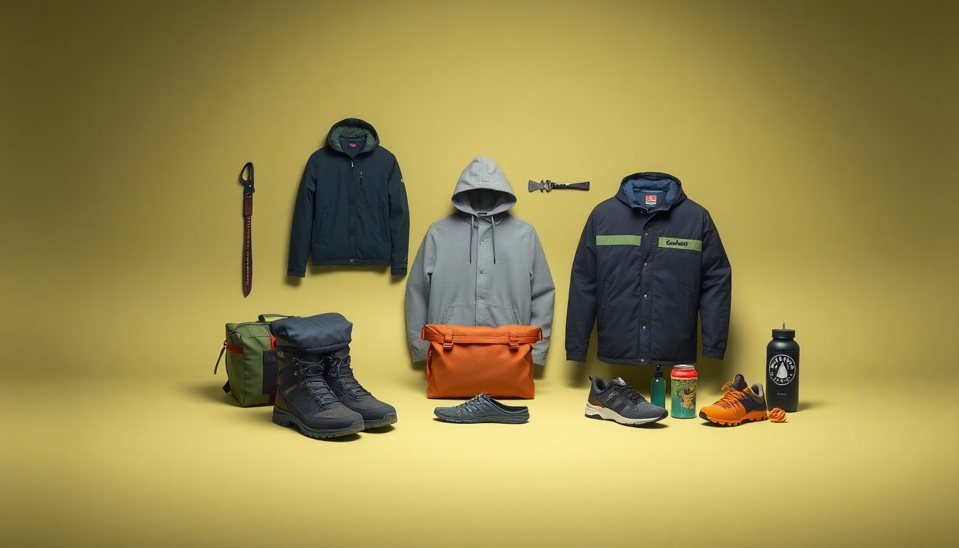 A high-end, photorealistic studio still-life photograph featuring a collection of premium, polished outdoor gear and apparel products arranged elegantly on a clean, monochromatic seamless background, conceptually representing the innovative and sustainable ethos of Backcountry's new Garage initiative.
