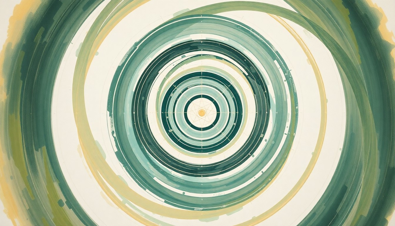 A bold, abstract painting in the style of Hilma af Klint, featuring sweeping geometric arcs, concentric circles, and precise botanical spirals in earthy tones of green, blue, and gold, conveying the complex forces and concepts of the Artemis II mission without any text or symbols.