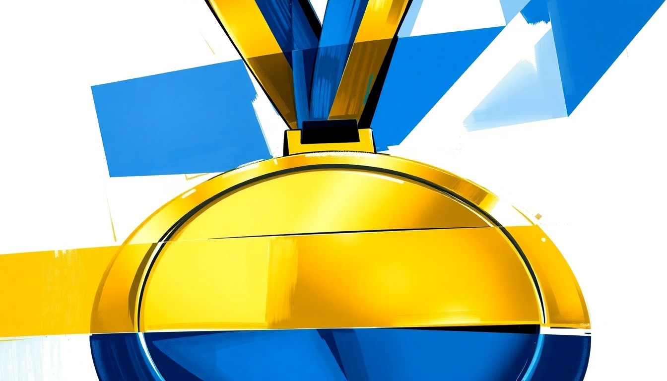 A fragmented, cubist-style painting depicting the close-up details of a marathon finisher medal, with the metallic gold, navy blue, and white geometric planes abstracting the medal's design and highlighting the misspelled 'Marthon' text.