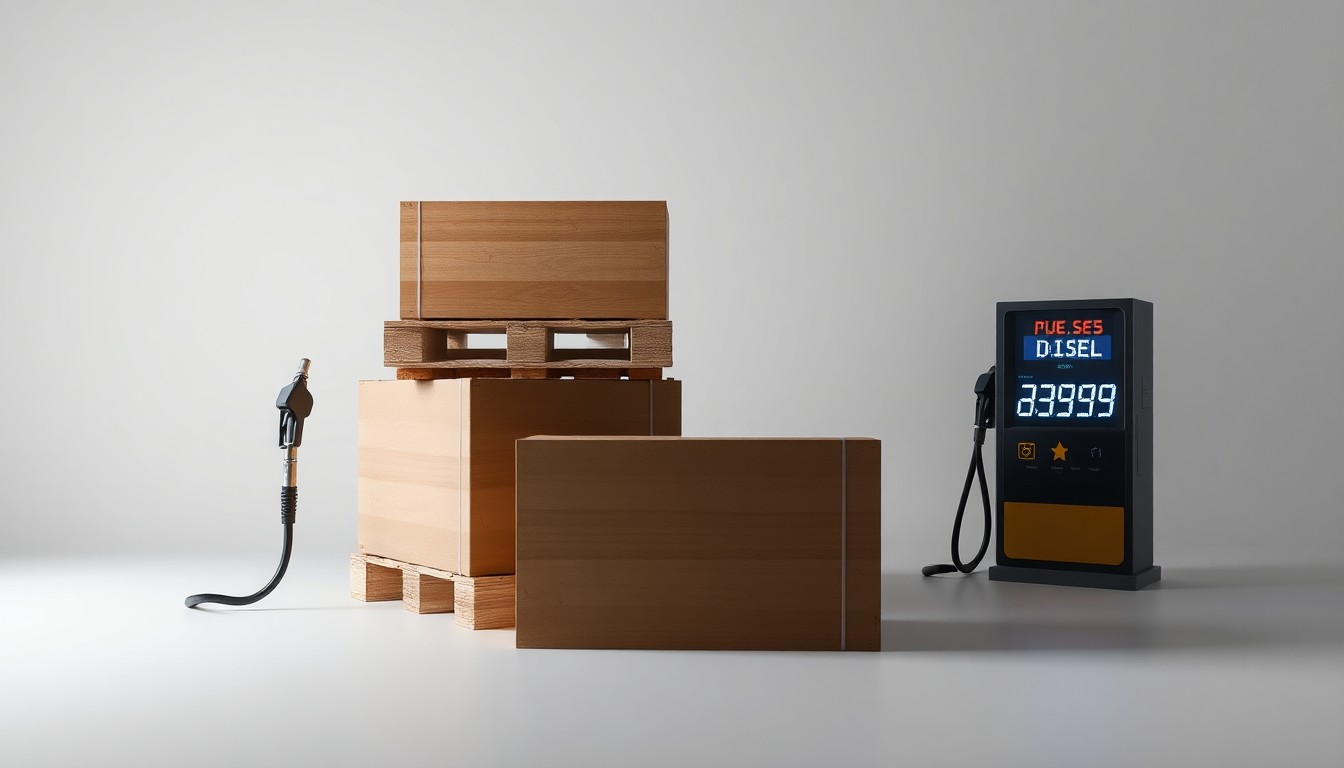 A photorealistic studio still life featuring a stack of shipping pallets, a fuel pump nozzle, and a digital display showing rising diesel prices, conceptually illustrating the impact of rising transportation costs on the supply chain.