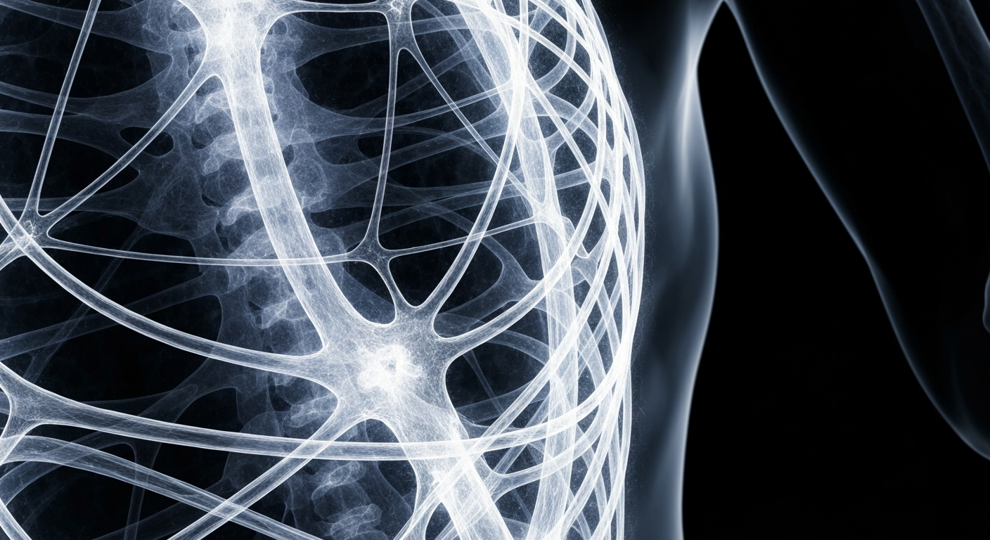 A translucent, ghostly X-ray image revealing the intricate web of the human fascia system, glowing with an ethereal energy against a dark background and conceptually representing the core of Human Garage's philosophy around the body's natural healing abilities.