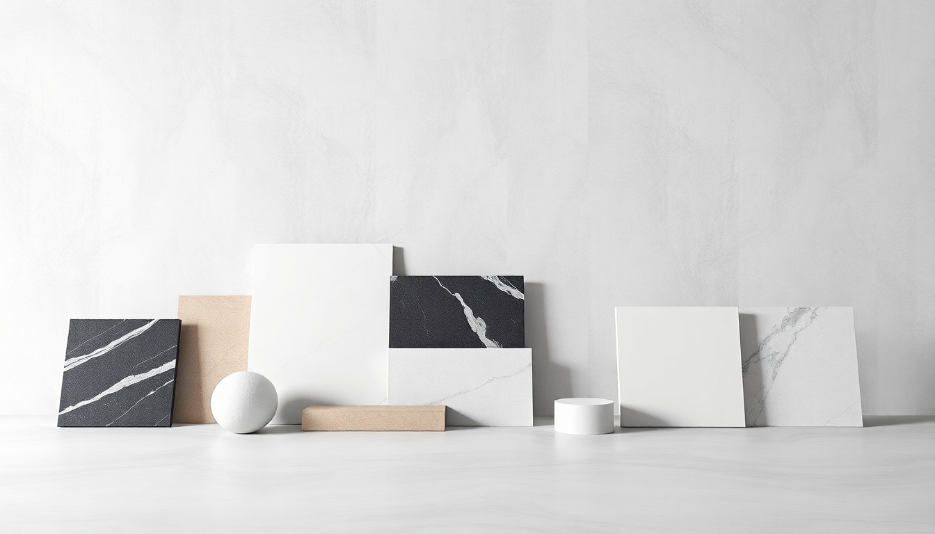 A minimalist studio still life featuring a selection of sleek, polished MSI flooring, countertop, and tile samples arranged in a clean, high-end composition, symbolizing the company's commitment to quality and design.