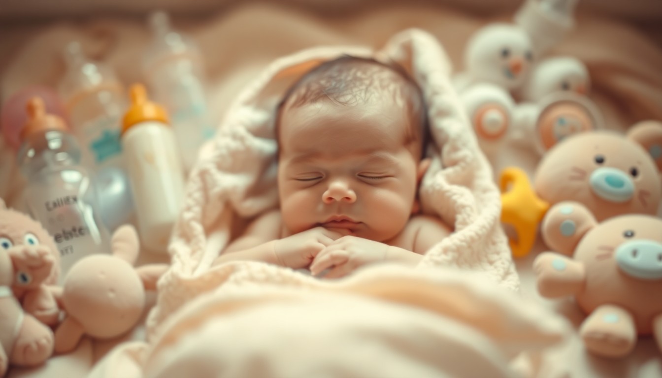 An extremely abstracted, out-of-focus photograph in soft pools of warm color and light, depicting a newborn baby wrapped in a blanket surrounded by blurred lifestyle objects like baby bottles and plush toys, conceptually representing the arrival of a new life.