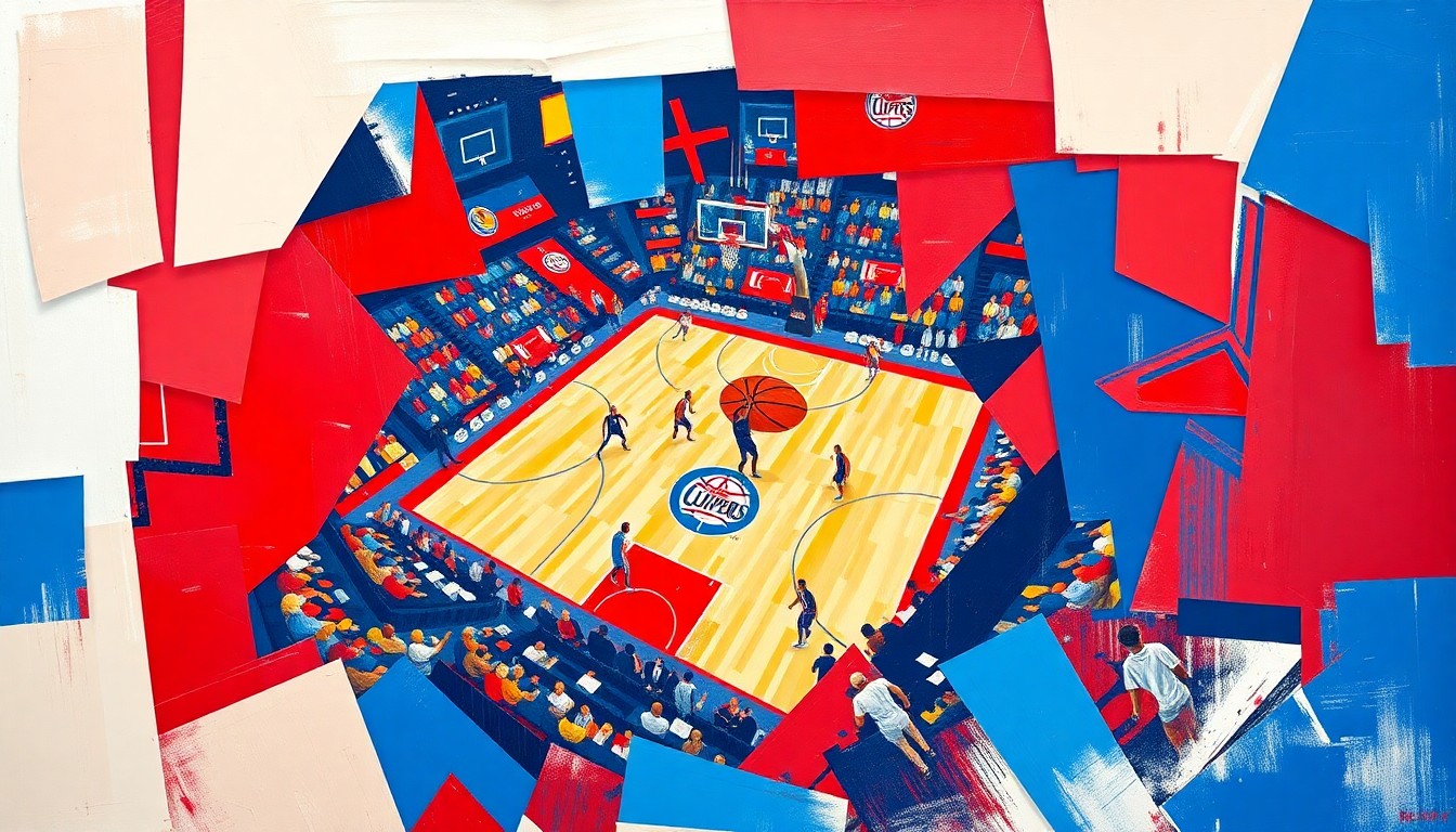 A fragmented, cubist-style painting depicting a Clippers basketball game, with sharp geometric shapes and planes in the team's official colors of red, blue, and white, conveying the energy and movement of the game.