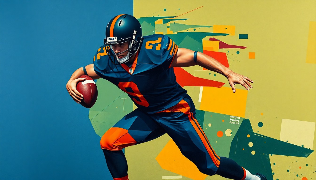 A fragmented, geometric painting depicting a football player in mid-sack motion, with sharp planes of navy blue, burnt orange, and forest green capturing the raw energy of the sport.
