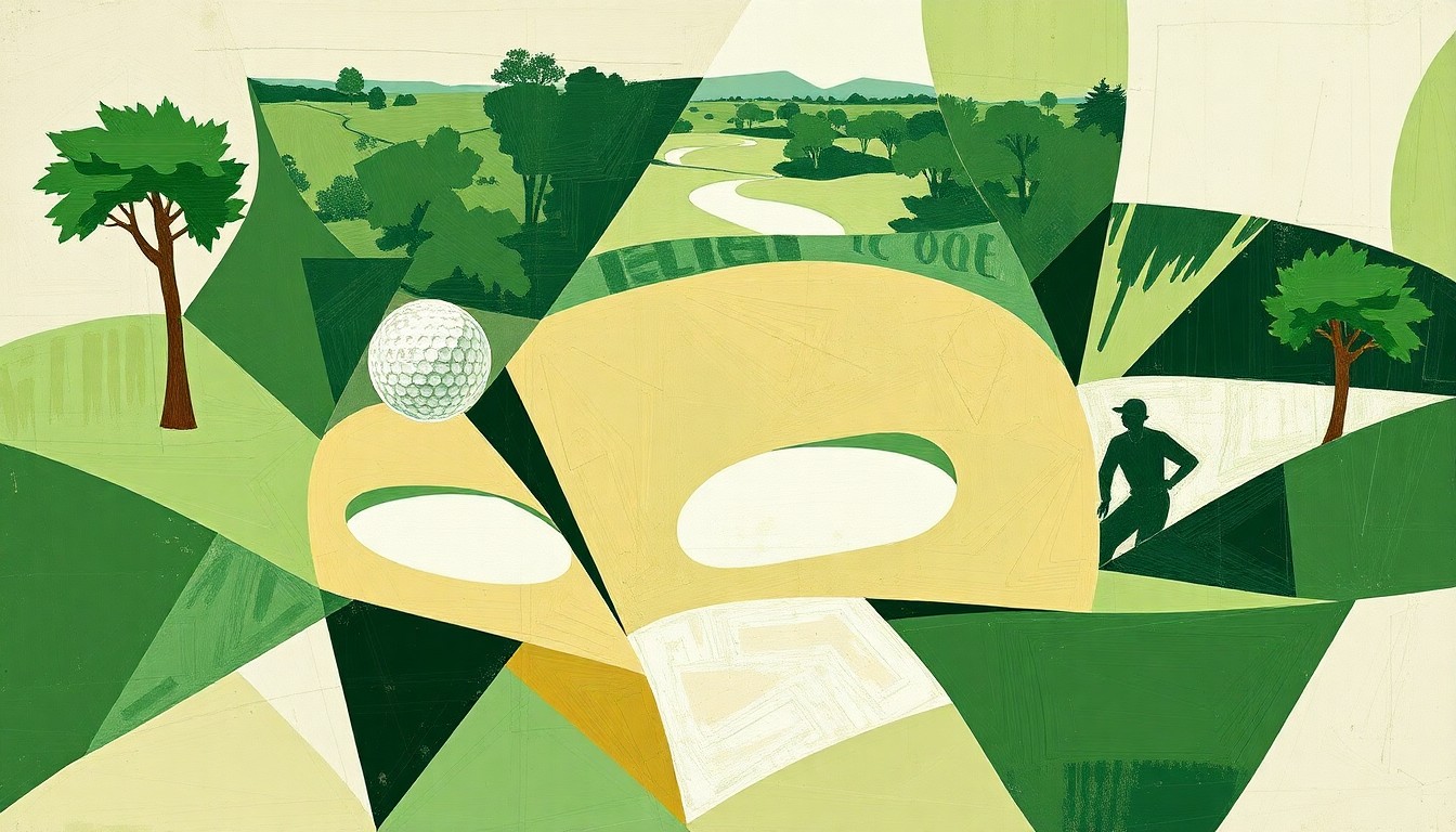 A fragmented, geometric painting depicting various elements of a women's golf tournament, such as golf clubs, golf balls, and players, in an abstract cubist style.