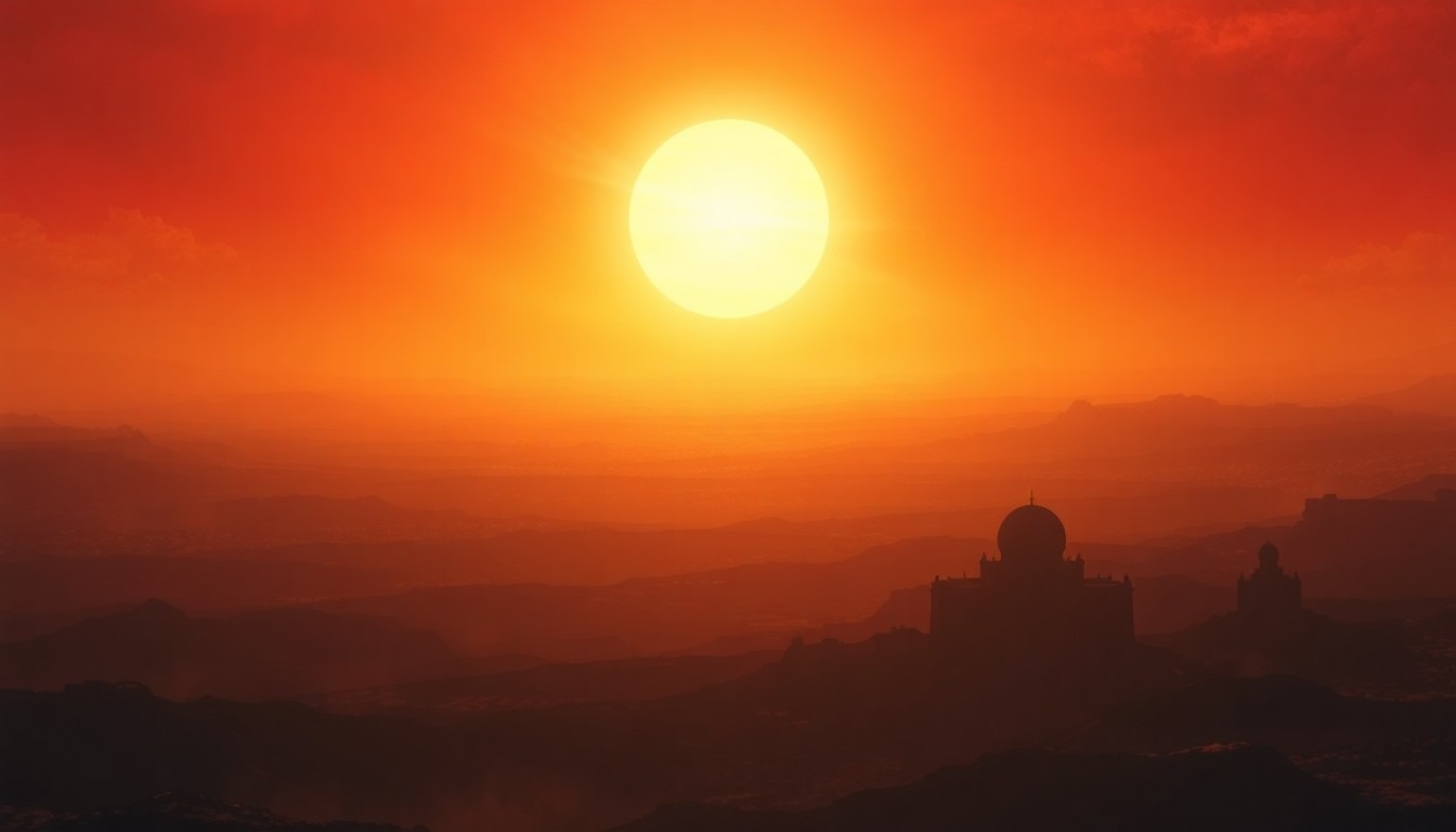 A vast, atmospheric landscape painting in muted earth tones, with a scorching horizon line and dramatic, backlit clouds conveying the overwhelming scale and sublime power of extreme weather conditions.