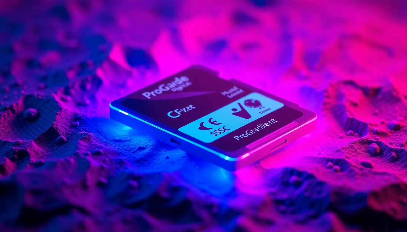 A highly detailed, glowing 3D macro illustration of a ProGrade Digital CFexpress Type B Iridium memory card, illuminated by neon cyan and magenta lights, conceptually representing the reliable data storage technology that enabled the capture of iconic lunar imagery during the Artemis II mission.