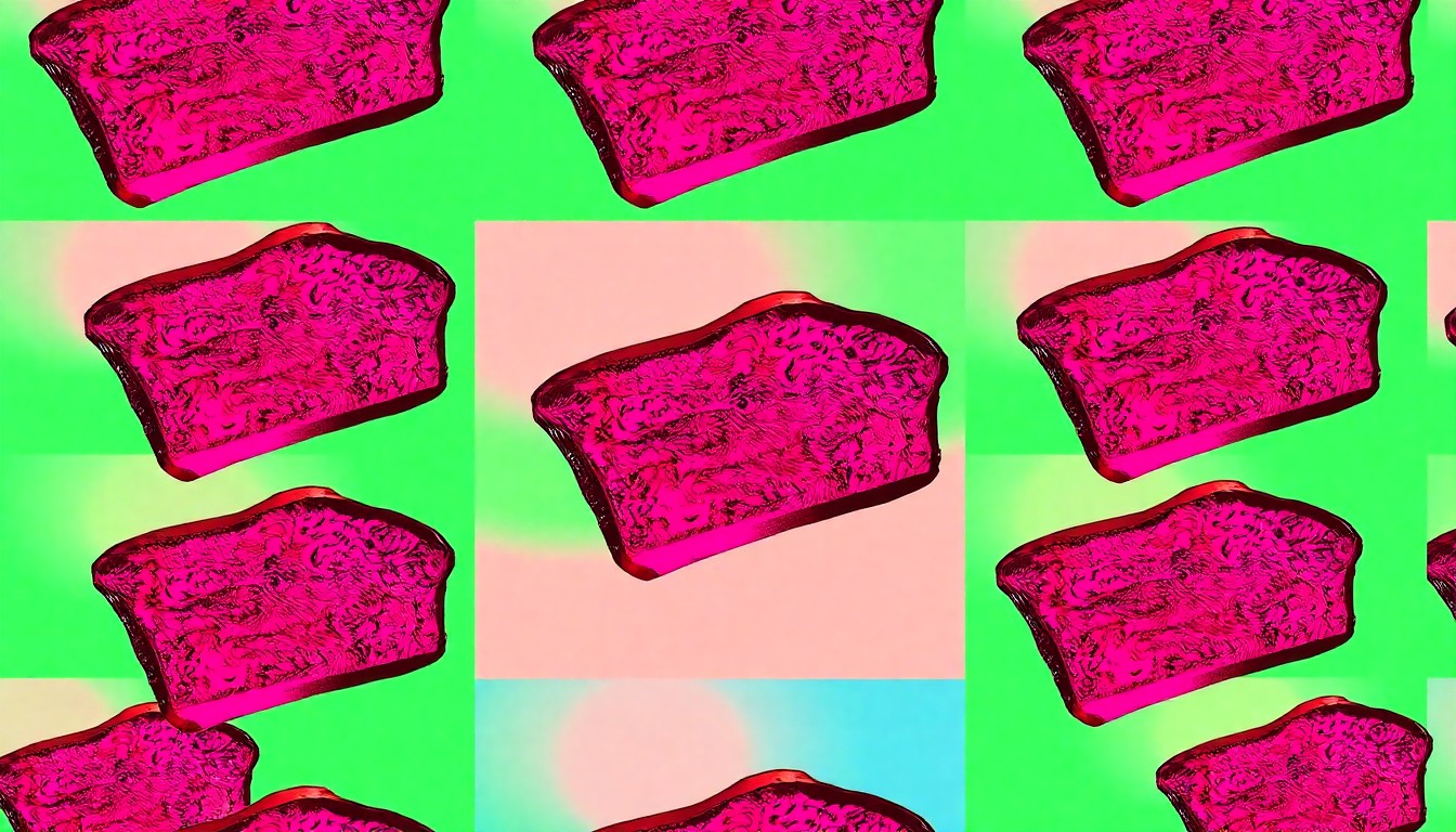 A high-contrast, silkscreen-style illustration of a single slice of chocolate sourdough banana bread repeated in a grid pattern, rendered in a bold, neon color palette that transforms the everyday baked good into a modern pop art piece.