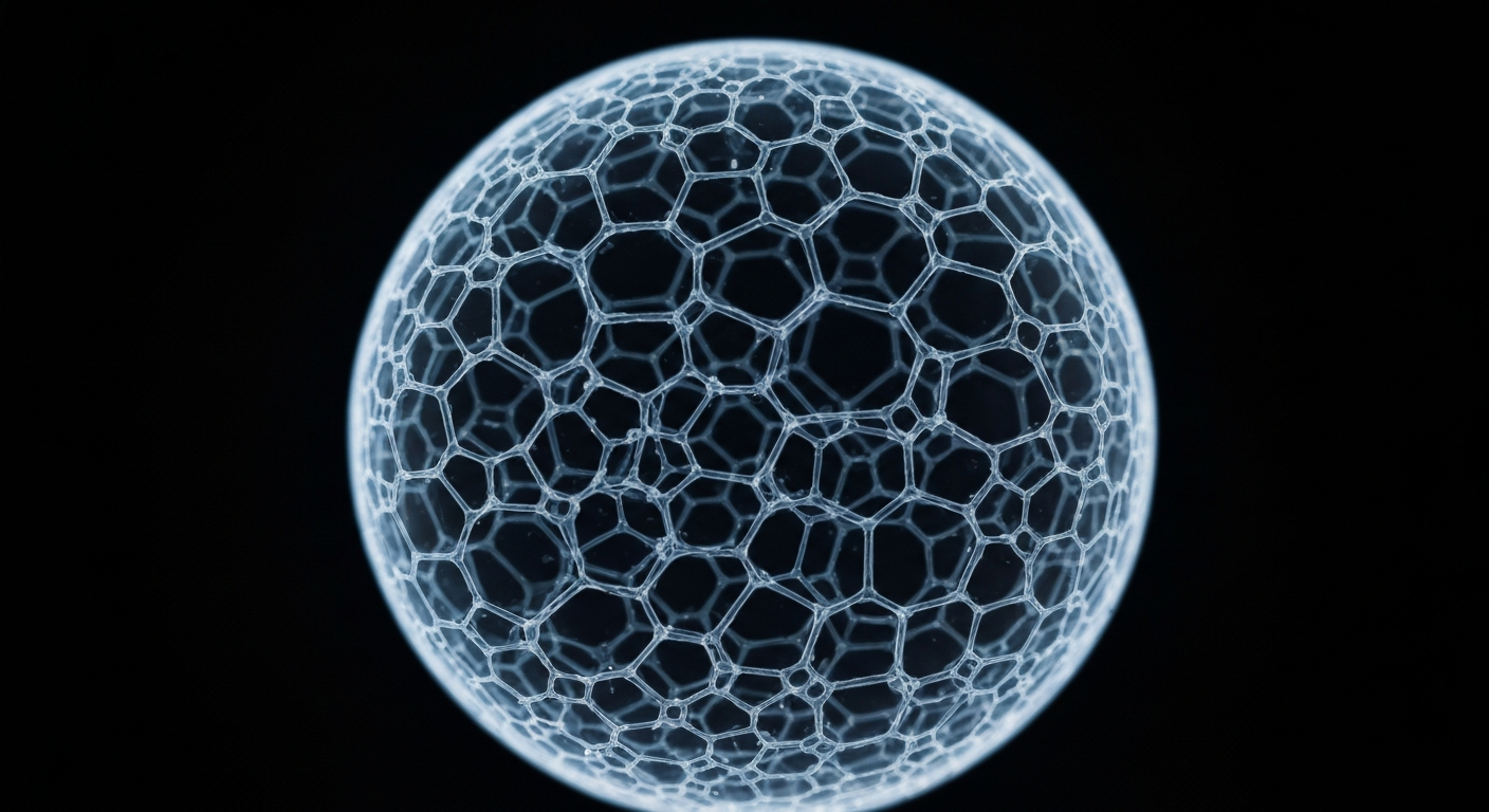 A highly detailed, translucent X-ray photograph showing the molecular structure of a water droplet, with the fluoride ions visible as a ghostly lattice against a dark background.