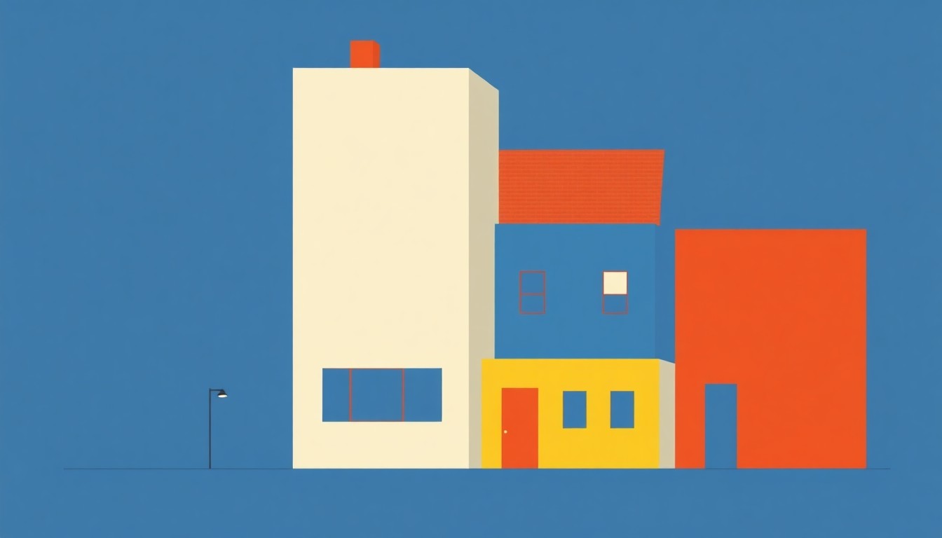 A geometric abstract illustration using bold shapes and primary colors to conceptually represent the housing affordability crisis and rising rents in major US cities.
