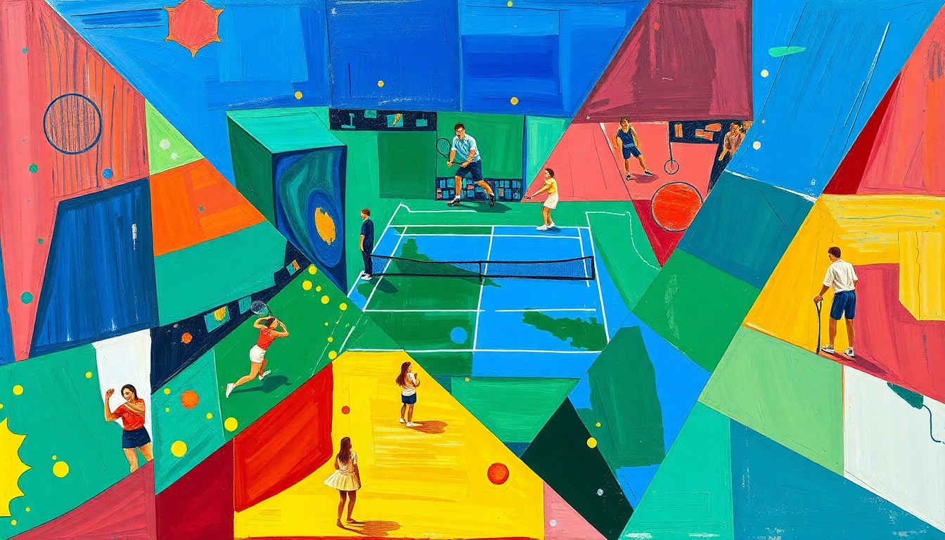 A fragmented, cubist-style painting depicting a tennis match or competition, with sharp geometric shapes and planes in vibrant colors like blue, green, and red, capturing the dynamic energy of the sport.