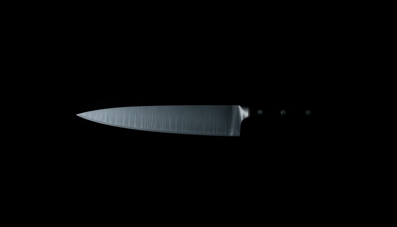 An extreme close-up photograph of a single kitchen knife against a pitch-black background, lit by a harsh, direct camera flash, conceptually representing the physical evidence in a case of domestic violence and self-defense.