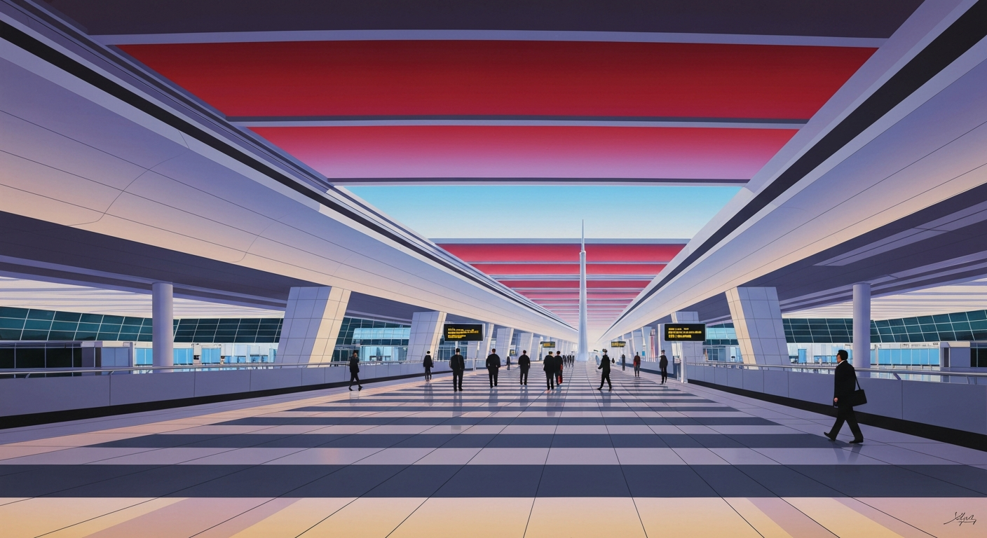 A highly stylized, geometric illustration depicting the grand scale and sweeping vistas of an airport terminal, with smooth gradients and streamlined architectural forms, conveying the conceptual importance of the state's commercial aviation planning.