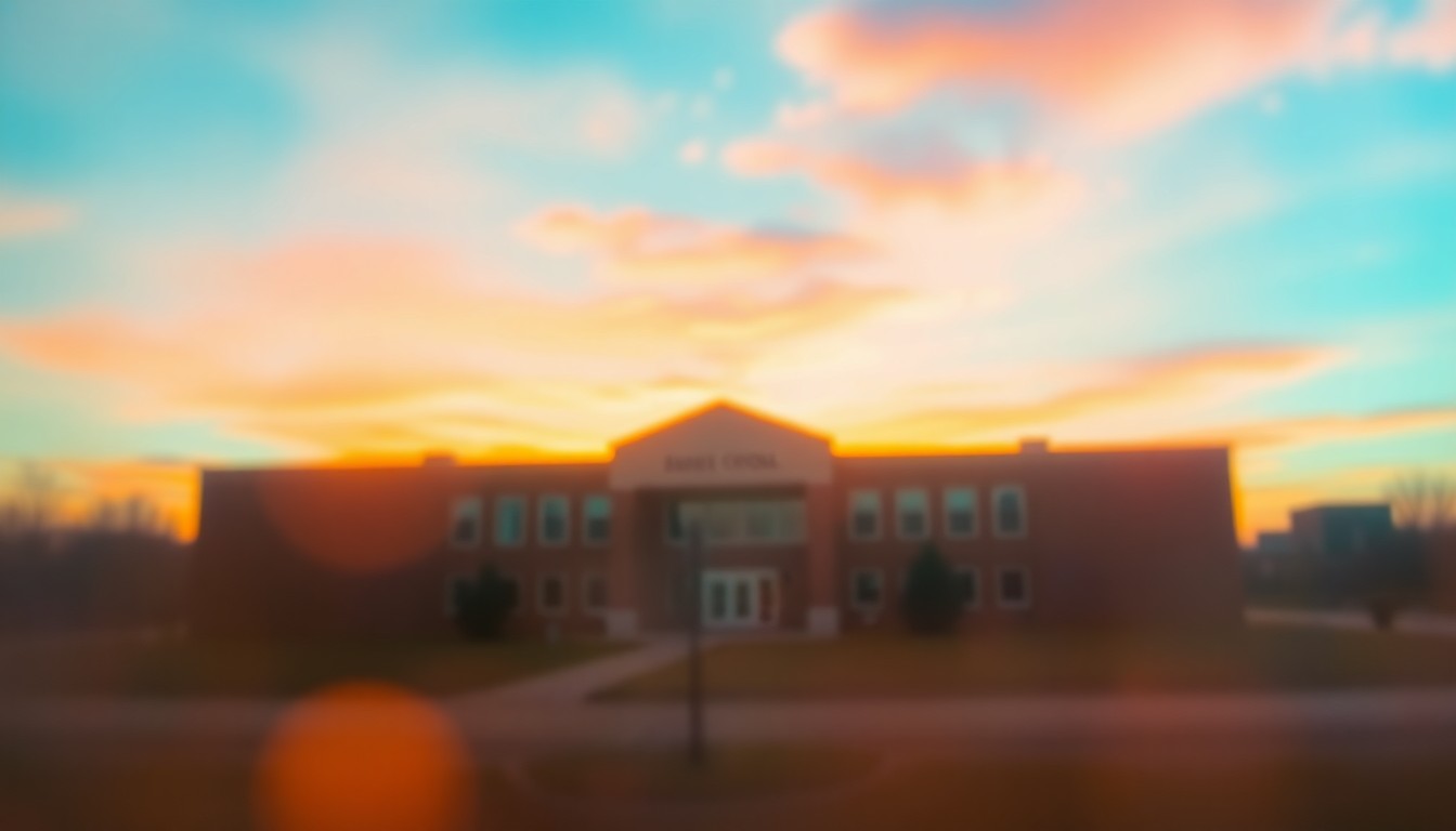 An extremely blurred, impressionistic photograph of a high school building's silhouette against a vibrant, colorful sky, conveying a sense of community pride and anticipation for a new educational facility.