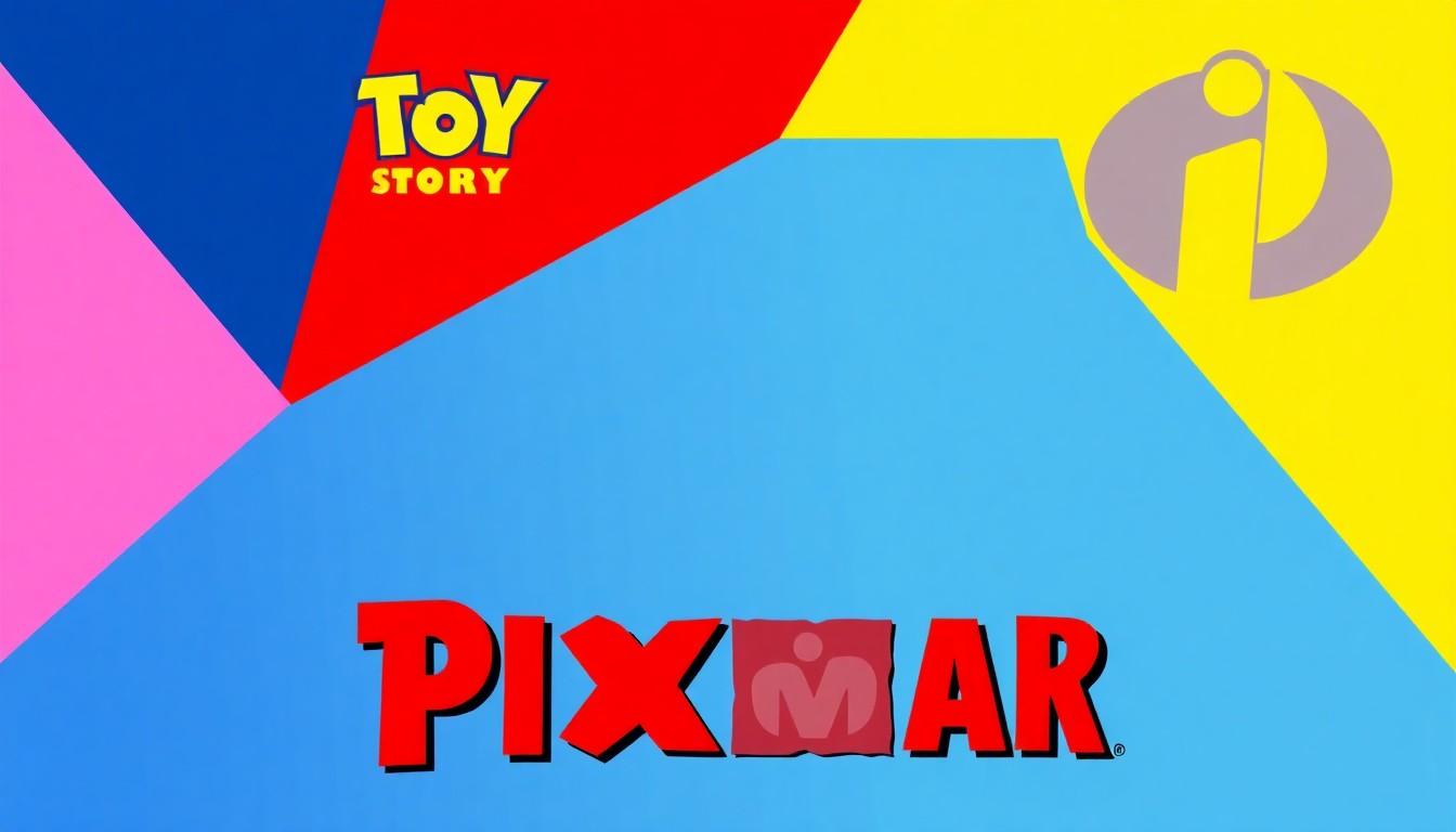 An abstract, minimalist illustration featuring bold, jagged silhouettes in primary colors representing iconic Pixar characters and logos, conveying the excitement around their integration into the new Disney Lorcana game.