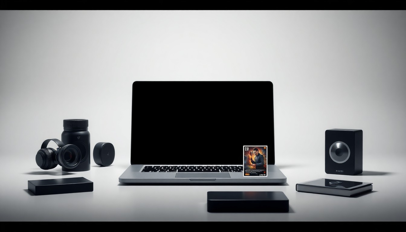 A minimalist, photorealistic studio still life featuring a sleek laptop, a stylized trading card, and other premium business objects arranged elegantly on a clean, monochromatic background, conceptually representing the convergence of technology, entertainment, and collectibles.