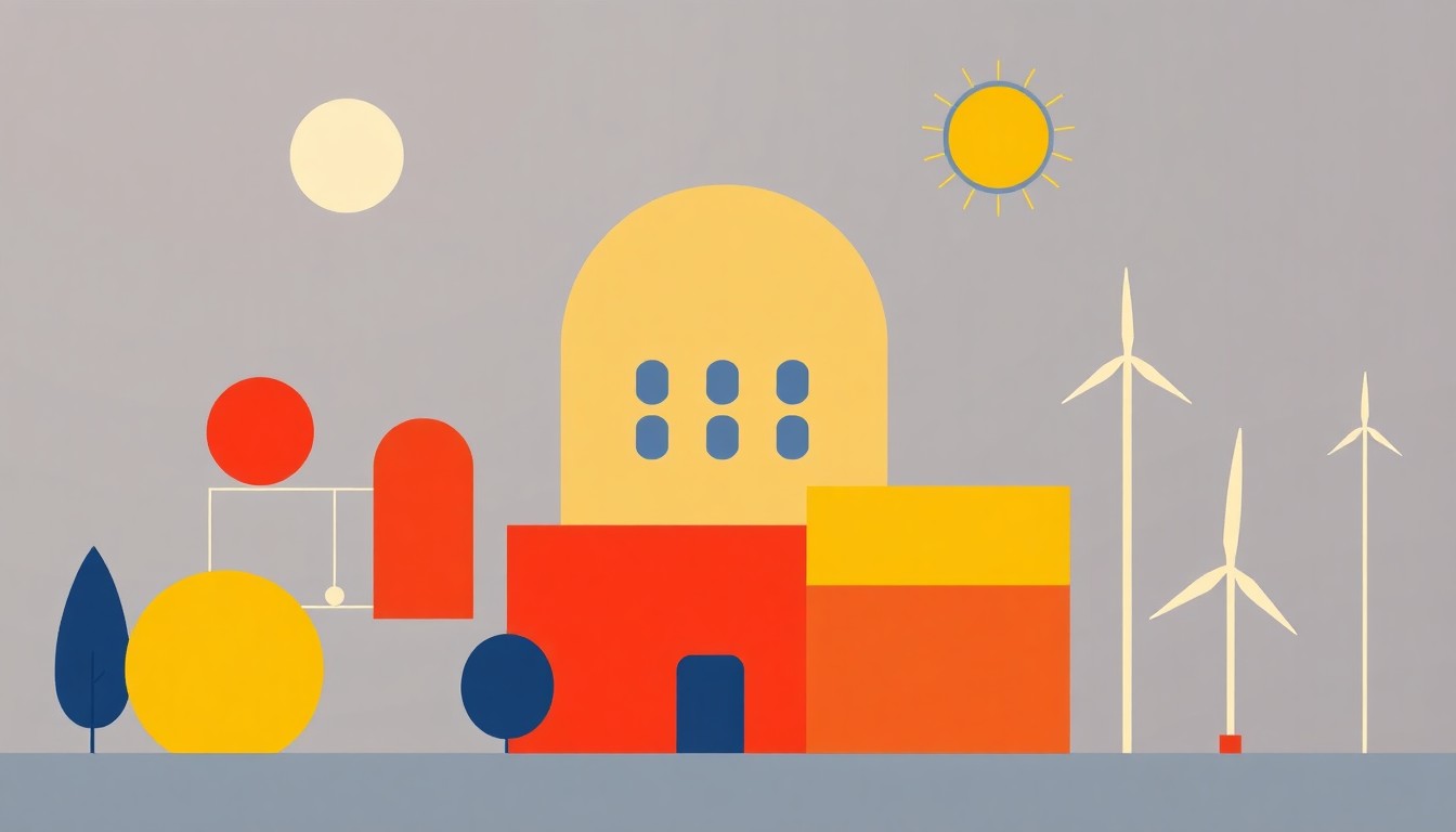 A geometric abstract illustration using bold primary colors and clean lines to conceptually represent the complex energy decisions facing the city of Naperville, without any literal depictions of power sources or infrastructure.