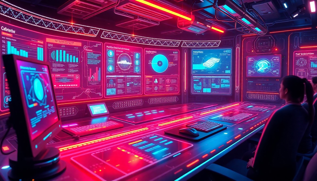 A highly detailed, glowing 3D illustration of a futuristic film production control interface, with holographic displays, pulsing data streams, and luminous cables, conceptually representing the advanced technology powering the creative process of narrative filmmaking.