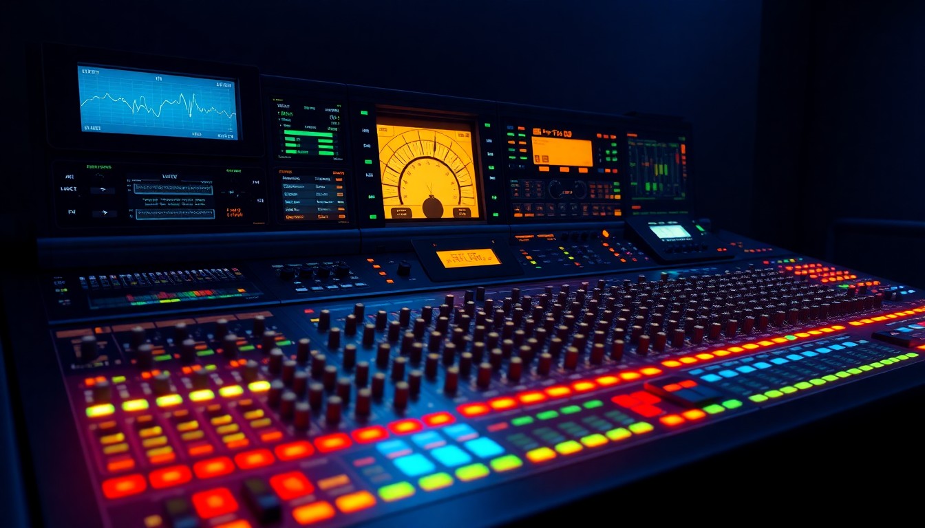 A highly detailed, glowing 3D illustration of a complex audio mixing console with numerous illuminated knobs, faders, and displays, representing the advanced capabilities and flexibility of the Fairlight Live software.