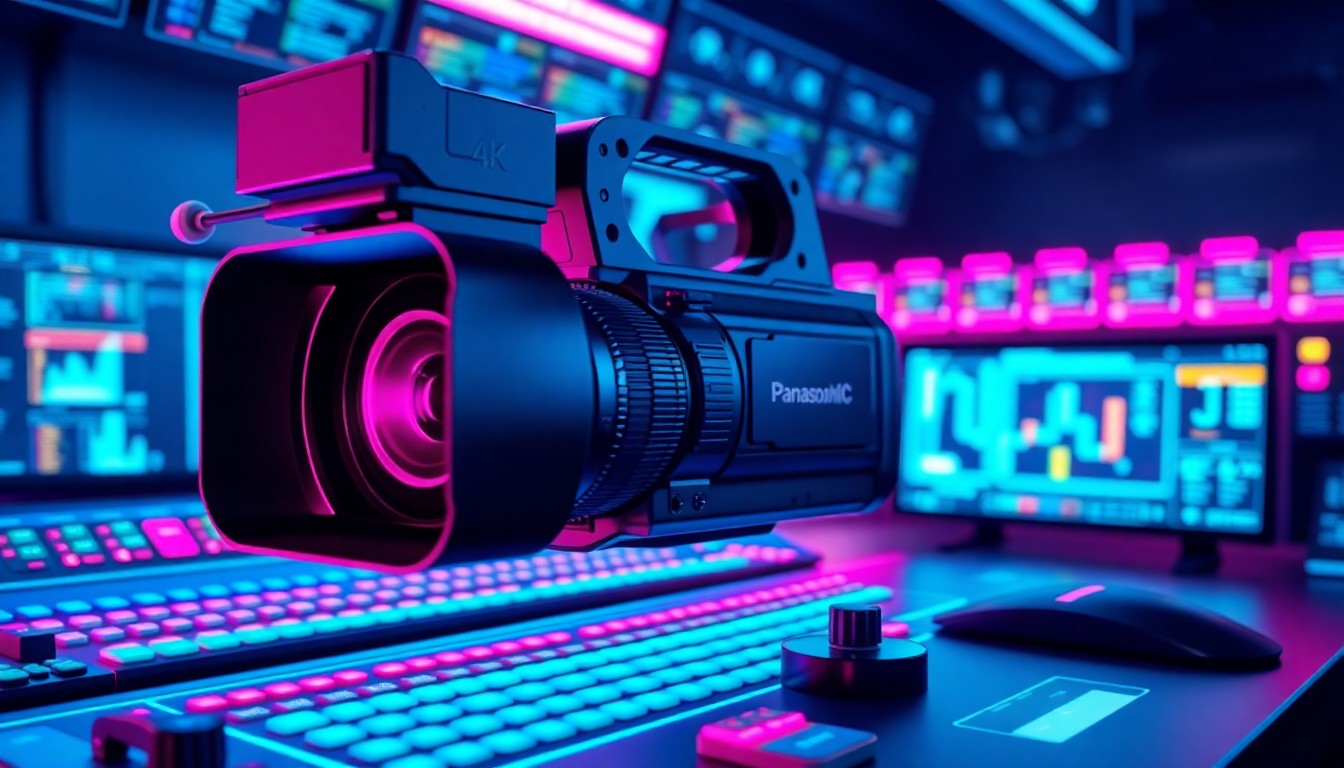 A highly detailed, glowing 3D illustration of a Panasonic 4K PTZ camera and video production control interface, with neon cyan and magenta lights illuminating the cybernetic hardware, conceptually representing the company's software-driven solutions for hybrid broadcast and live event production.