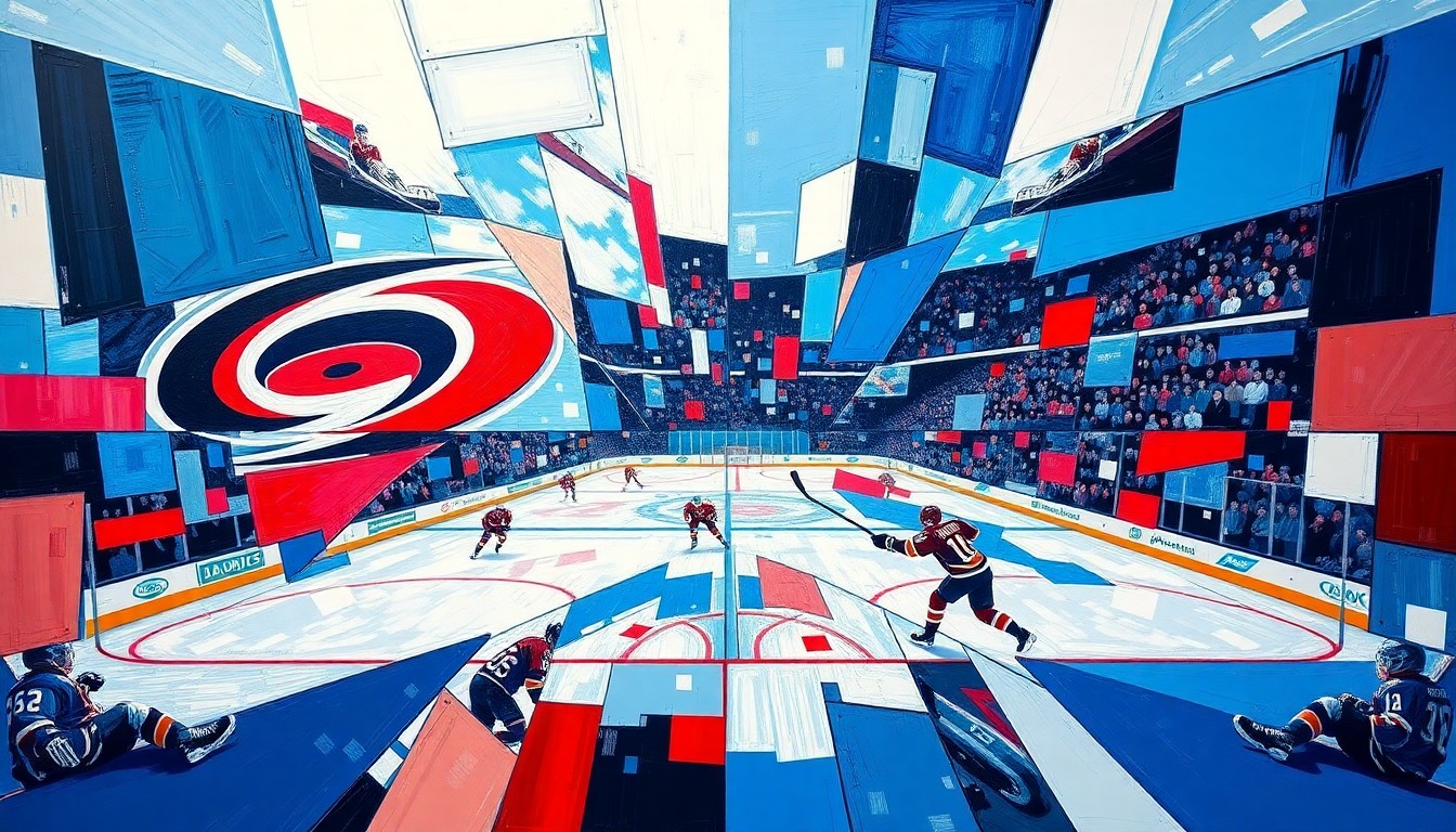 A cubist, geometric painting depicting a hockey game, with sharp, overlapping planes of color representing the action on the ice.