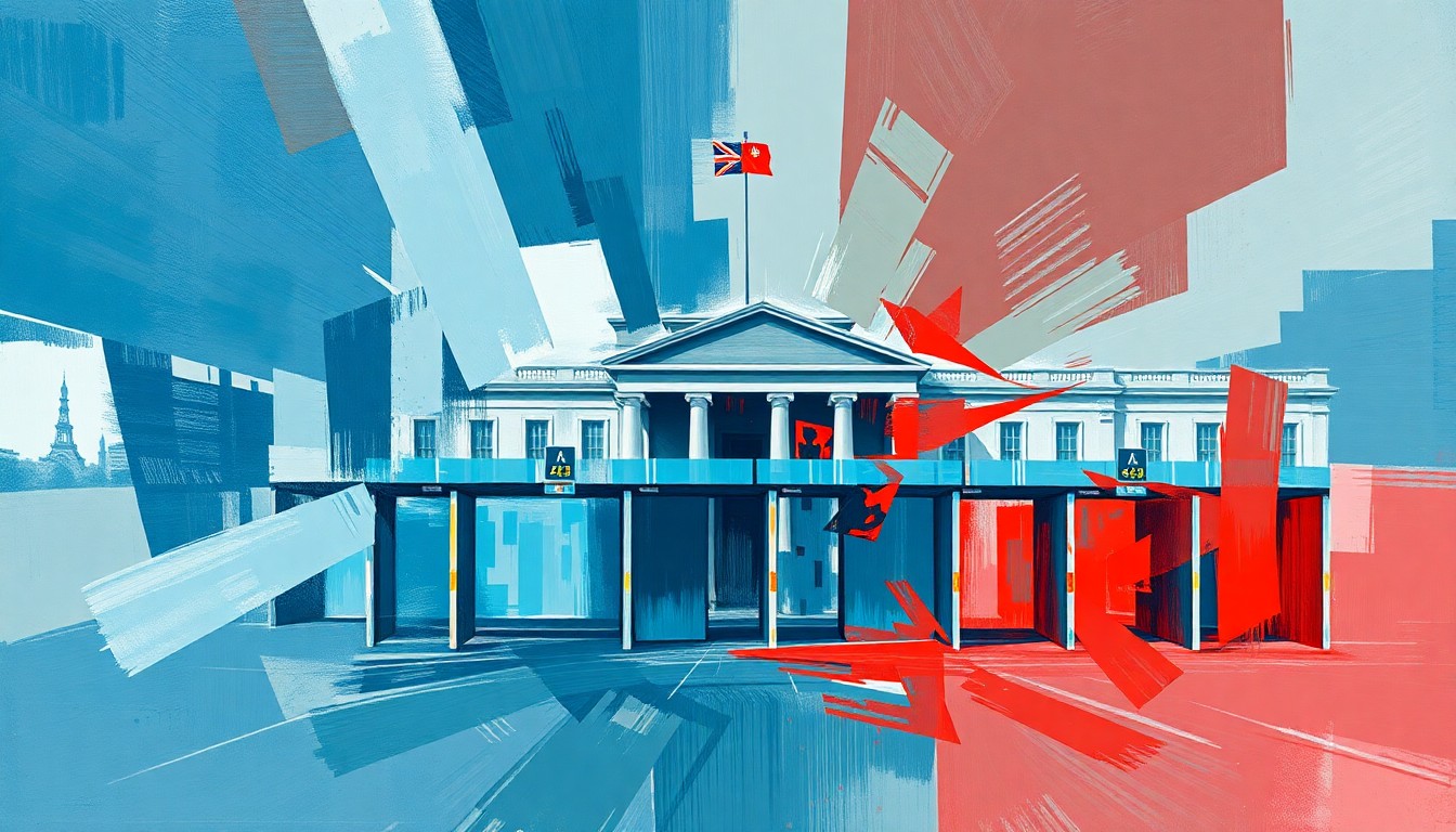 A vibrant, abstract painting featuring overlapping, fragmented shapes and lines in shades of blue, grey, and red, conceptually representing the disarray and disruption caused by the ongoing DHS shutdown.